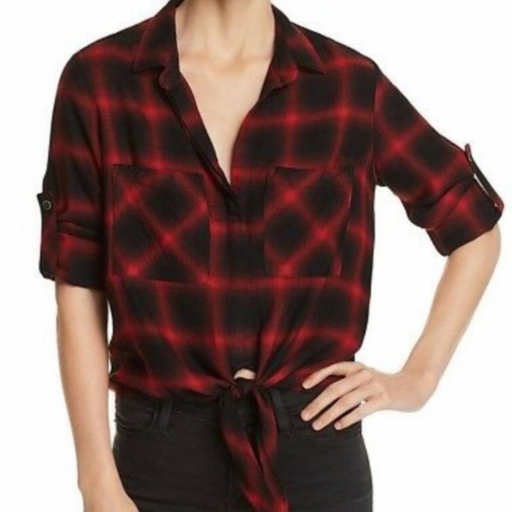 Anthropologie Cloth & Stone Red & Black Plaid Tie Front Button Down Shirt